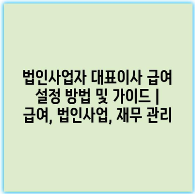 법인사업자 대표이사 급여 설정 방법 및 가이드 | 급여, 법인사업, 재무 관리